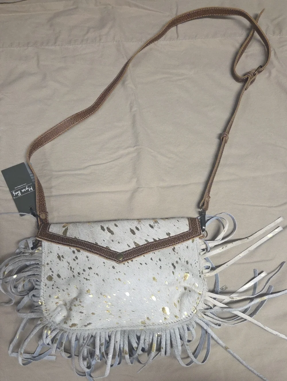 Myra Bag White Fringe Crossbody with Brown Trim and Gold Fleck